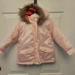 7 for all mankind pale pink winter coat 3T. Attached fur trimmed hood. Decent